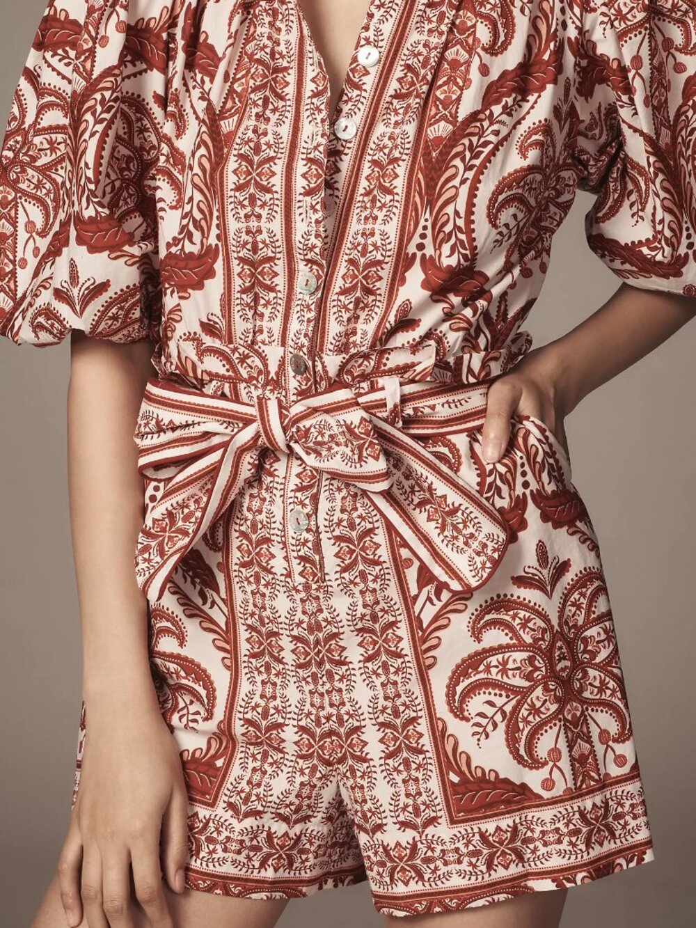 NWT Farm Rio Tropical Cameo Belted Romper Size XS 100% Cotton Puff Sleeves - Picture 3 of 12